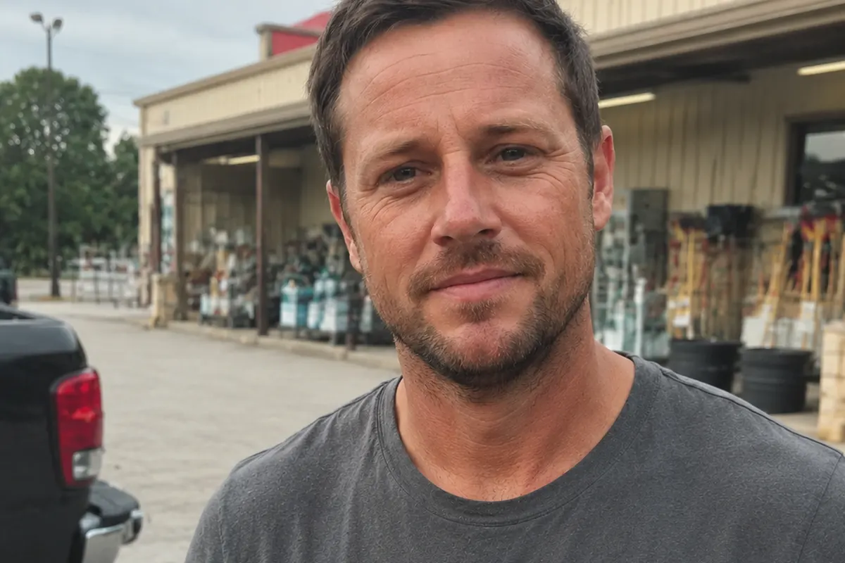 Sam Johnson outside a building supply yard, with material racks and a pickup behind him