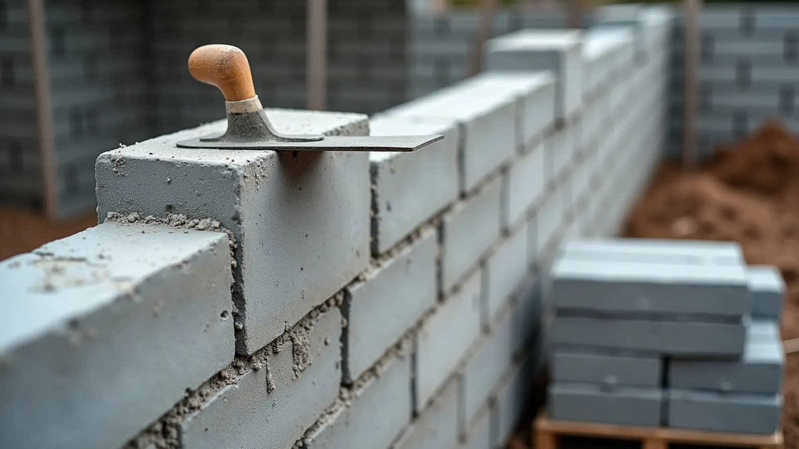 Concrete block wall going up in running bond with fresh mortar joints and stacked CMU blocks