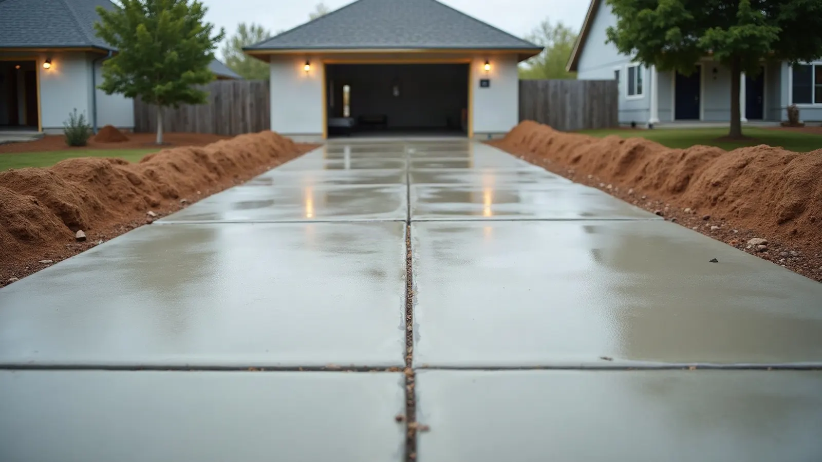 New broom finished concrete driveway with tooled joints, poured at the recommended thickness