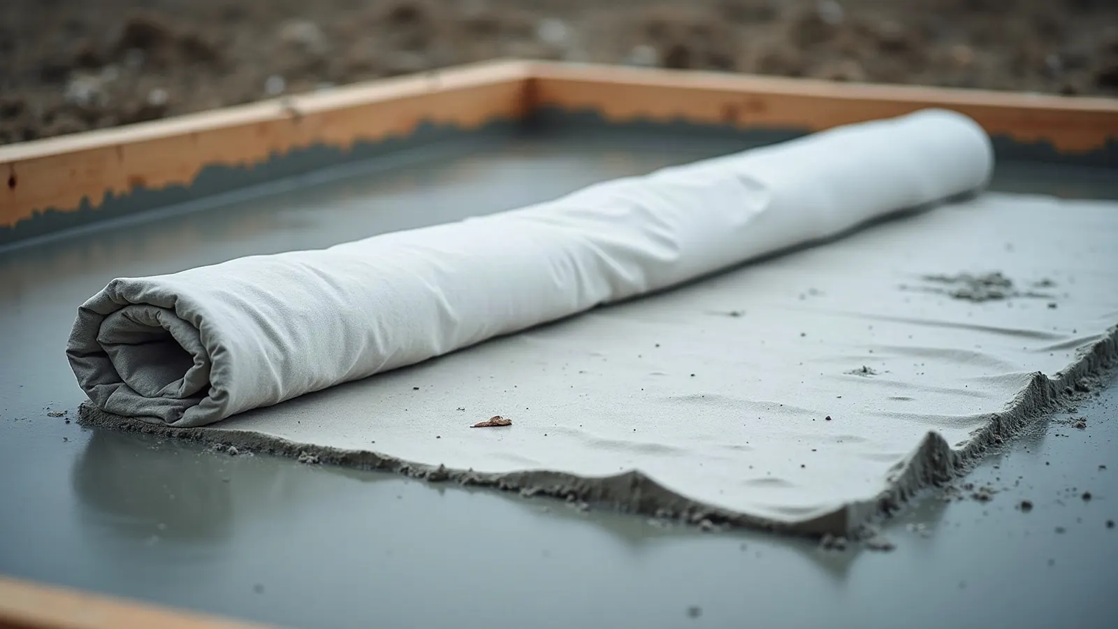Freshly poured concrete slab under a curing blanket, the surface still damp