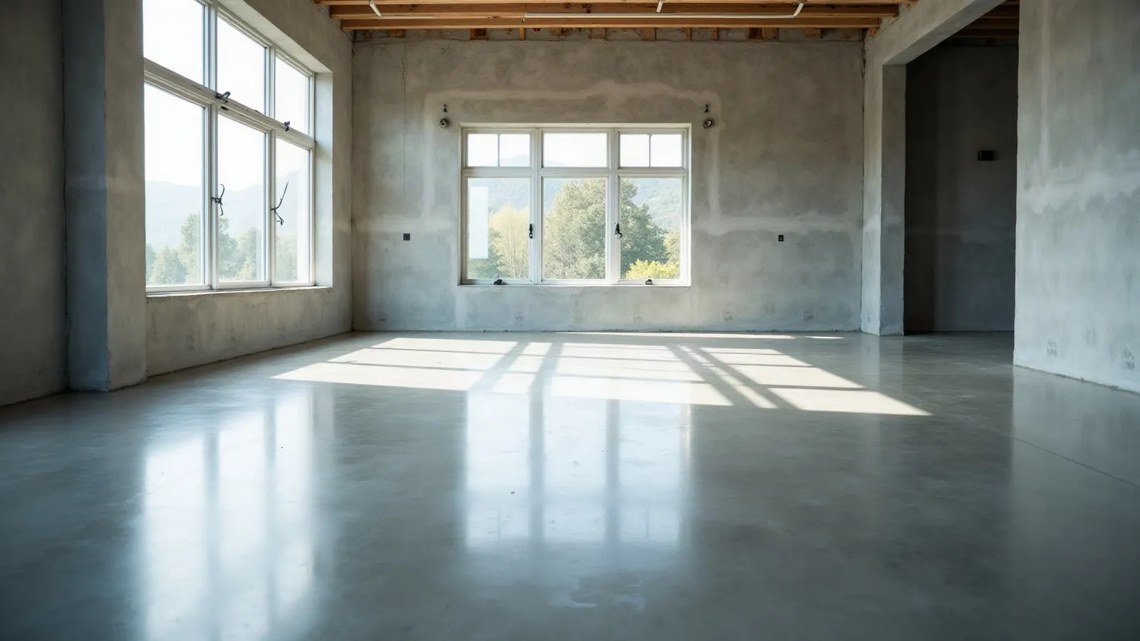 Polished concrete floor reflecting daylight across an empty interior room