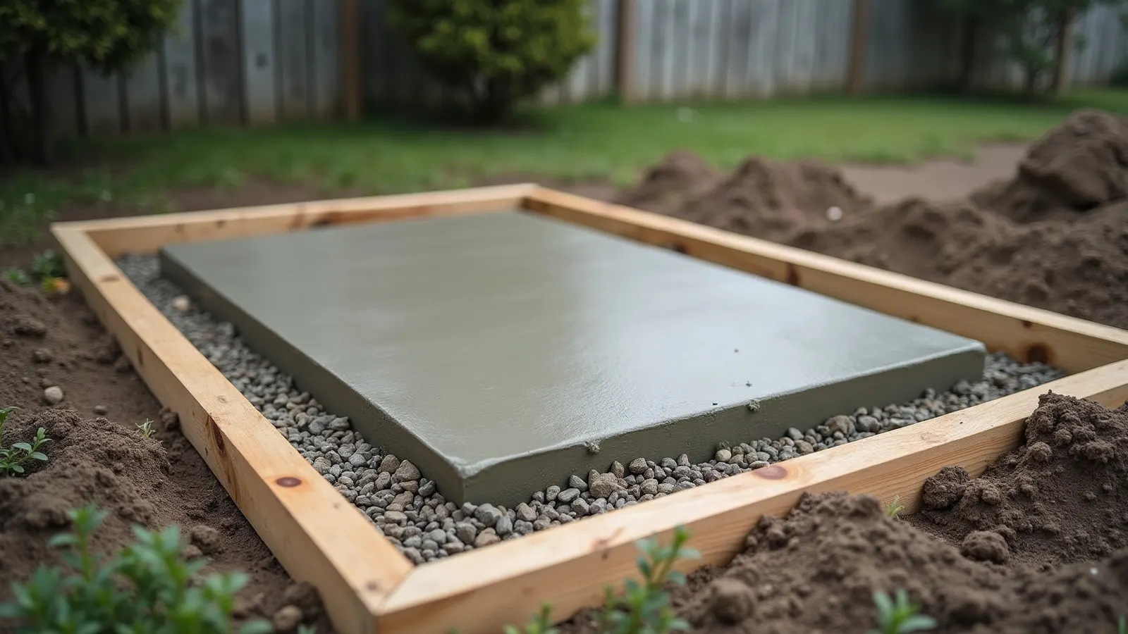 Freshly poured concrete pad inside wooden forms on a compacted gravel base in a backyard