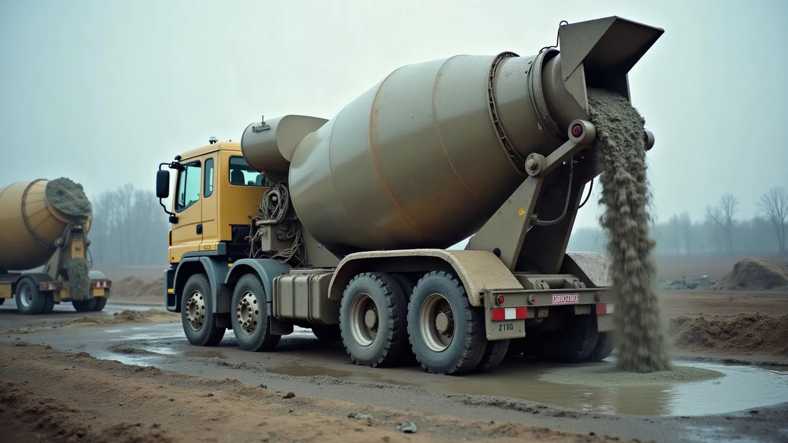 Ready mix truck discharging concrete down its chute, the delivery that sets the concrete price per yard