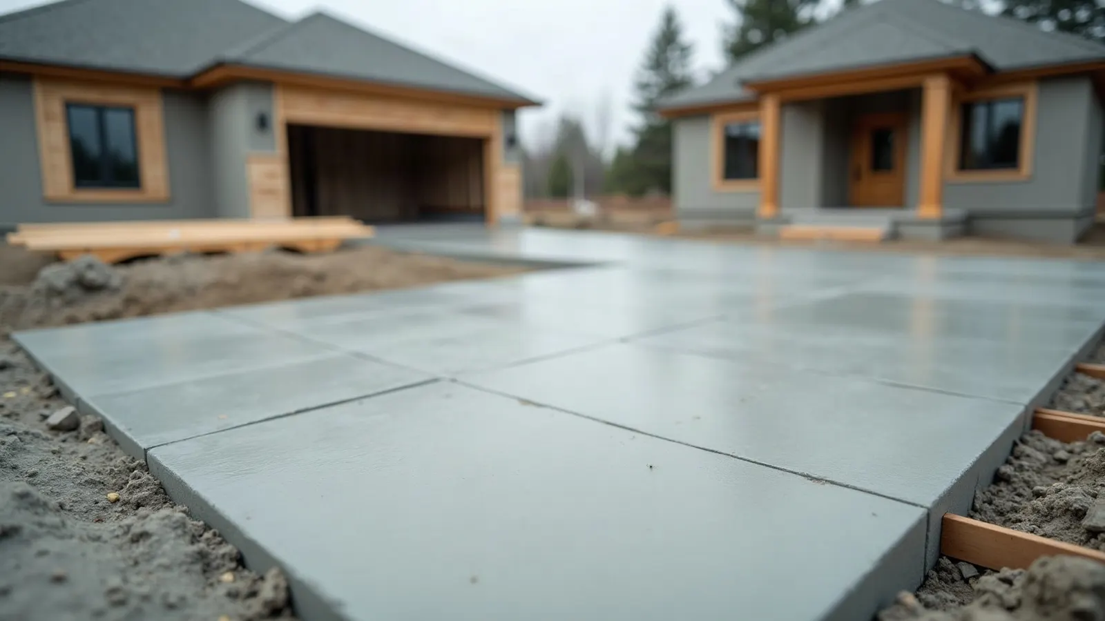 Broom finished concrete slab with tooled control joints and form boards along the edges