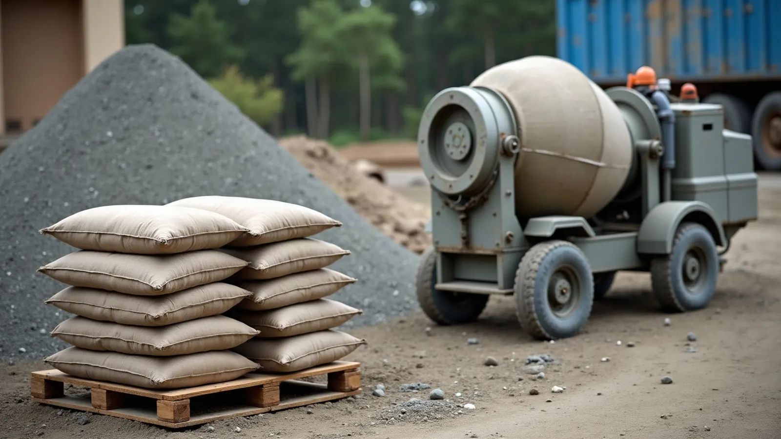 Cement bags stacked beside a portable concrete mixer with sand and gravel, showing what separates cement from concrete
