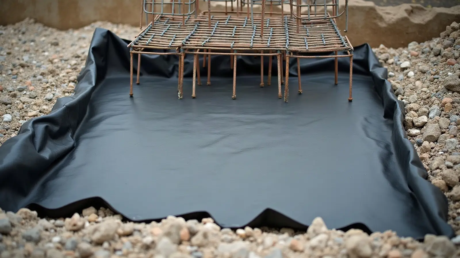 Polyethylene vapor barrier laid over a compacted gravel base with a rebar grid above it