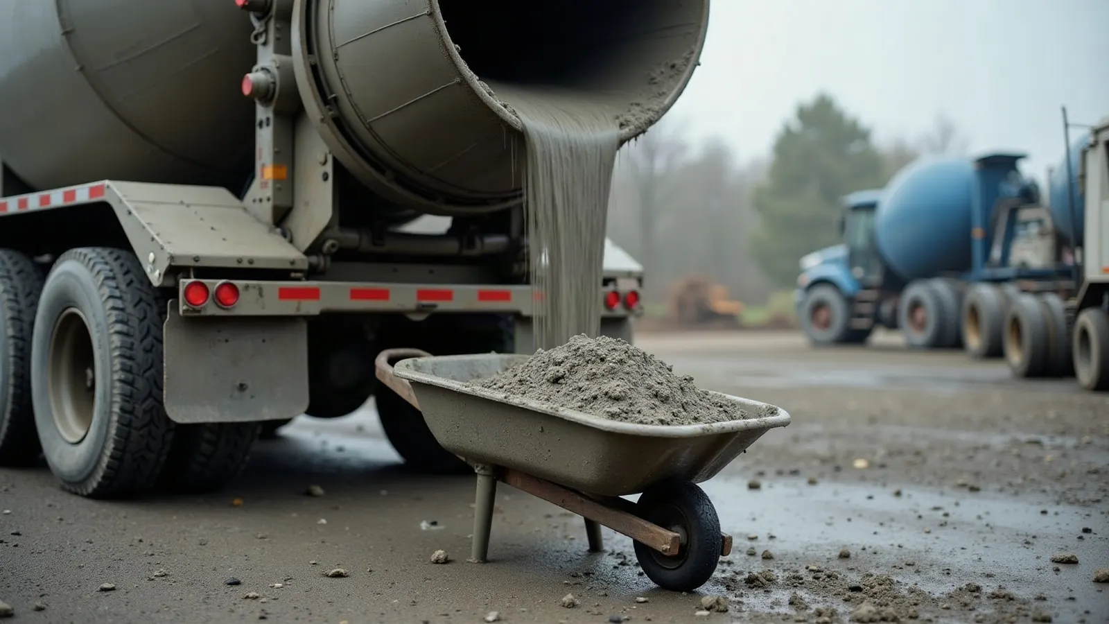 Ready mix truck chute discharging a heavy load of wet concrete into a wheelbarrow